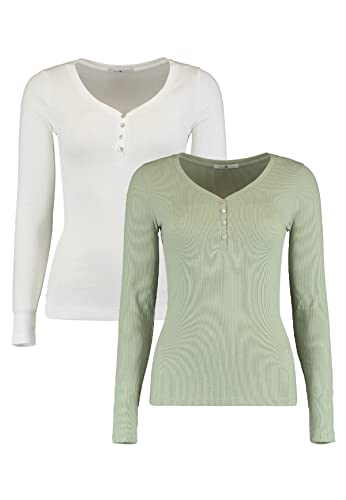 HAILYS Damen Langarm Shirt 2-er Stück Set | Dünnes Basic Henley Longsleeve | Stretch Oberteil Pack Kora, Farben:Weiß-Grün, Größe:L von HaILYS-noos