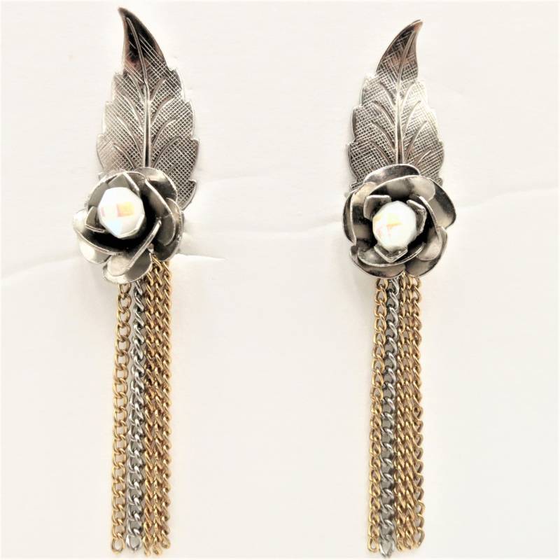 Silber Gold Rose Quaste Ohrringe Vintage Clip Auf Mit Und Kette Designer Ooak von HaKeStudios