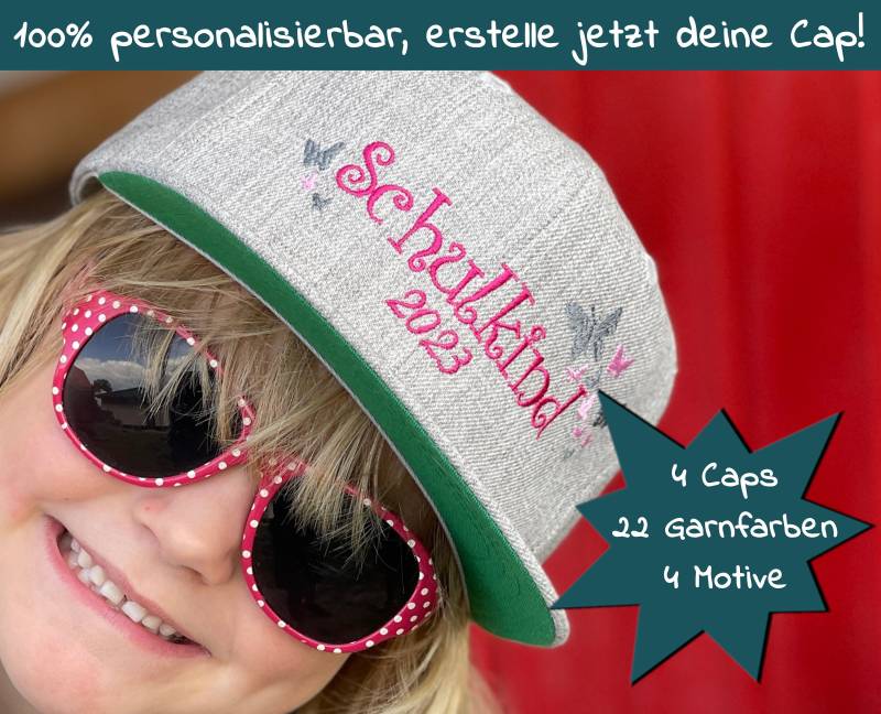 Cap Schulanfang Mit Stickerei Schmetterling Oder Regenbogen Cappy Schulkind Bestickt Individualisierbar Name Cap Einschulung von HaNiDaFASHION