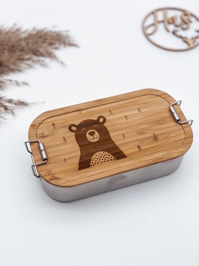 Lunchbox Bär Personalisiert Mit Namen Aus Metall, Vesperdose, Brotdose, Edelstahl, Bambus Lunchbox Bär Personalisiert Mit Namen Aus Metall, Vesperdose, Brotdose, Edelstahl, Bambus von HaSiManufaktur