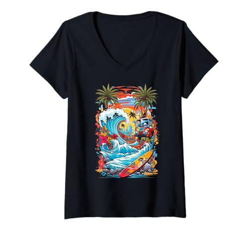 Damen Sommerstrand T-Shirt mit V-Ausschnitt Damen Sommerstrand T-Shirt mit V-Ausschnitt von HabeshaTee
