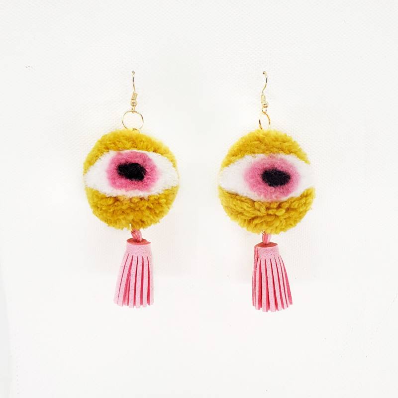 Gelbe Augapfel Pom Ohrringe Hängeohrringe Statement Quaste Schmuck Weihnachtsgeschenk Geburtstag von HabooDesign