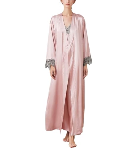 Habrur Bademantel Morgenmantel Damen 2-teiliges Satin-Nachthemd Und Robe, Sexy Seiden-Spitzen-Pyjama-Set, Lange Nachtwäsche Bademäntel (Color : Pink, Size : L) von Habrur