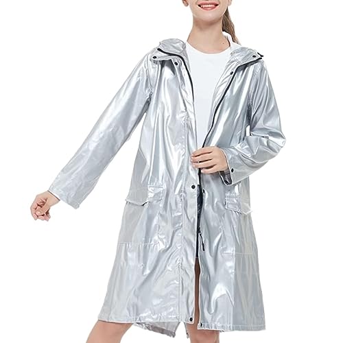 Habrur Regenponcho Regenjacke Regenmantel Cooler Langer Regenmantel Aus Weichem Leder In Silber Und Rotem Regensturmnetz Und Damen-Paarjacke Regencape Regenanzug (Color : Silver, Size : L) von Habrur