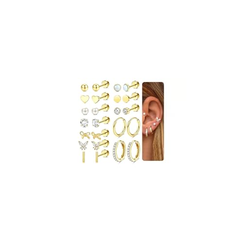 Habselikob 12Paar Ohrringe Set Chirurgenstahl Medizinische Ohrringe für Damen Herren Ohrstecker und Klein Creolen Helix Tragus Piercing Ohr Gold/Silber von Habselikob
