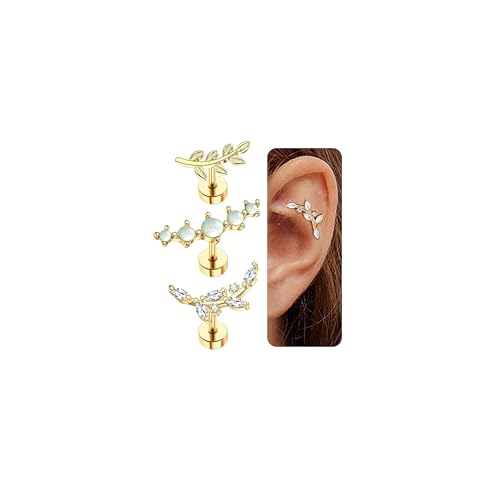Habselikob 3Pcs 18G Helix Piercings Chirurgenstahl Ohrstecker CZ Blumen Knorpel Ohrringe Piercing Tragus Conch Piercing Set Piercing Ohr Gold Silber (Gold-Leaf) von Habselikob