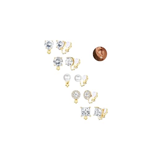 Habselikob 5 Paare Clip Ohrringe Damen Hypoallergen Ohrclips Kinder Ohrringe Ohne Ohrloch Perlen CZ Fake Ohrringe Gold/Silver von Habselikob