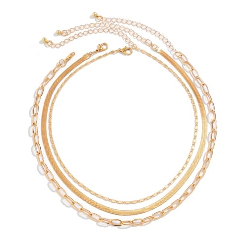 Habselikob Halskette Damen Mehrreihige Kette Gold Stapelbare Schlangenkette Ketten mit Herz Zirkonia Kreuz Anhänger Gold Schmuck von Habselikob