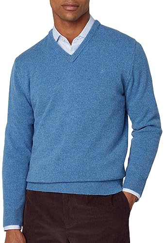 Hackett London Herren V-Ausschnitt aus Lammwolle Pullover, Blau (Steel Blue), Small von Hackett London