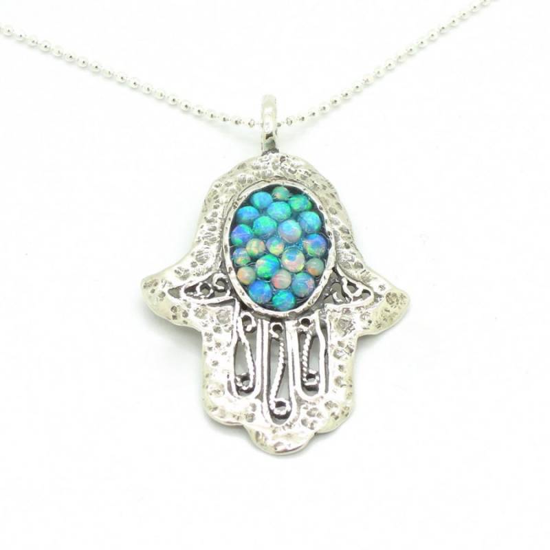 Filigrane Sterling Silber Hamsa Anhänger Mit Mosaik Opal Steine von Hadas1951