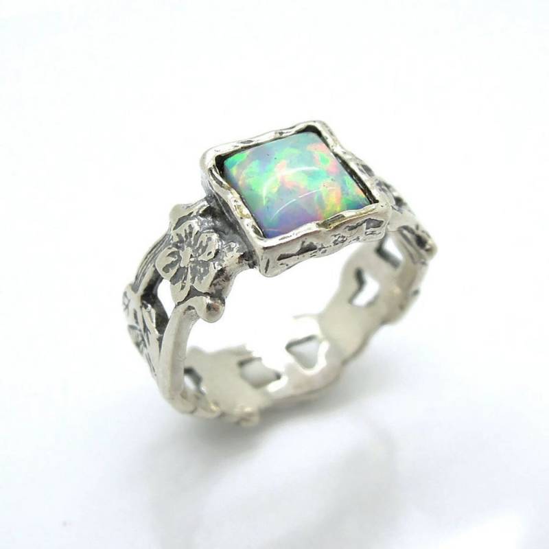 Opal Ring in Silber Blumen-Einzigartiges Design Gesetzt von Hadas1951