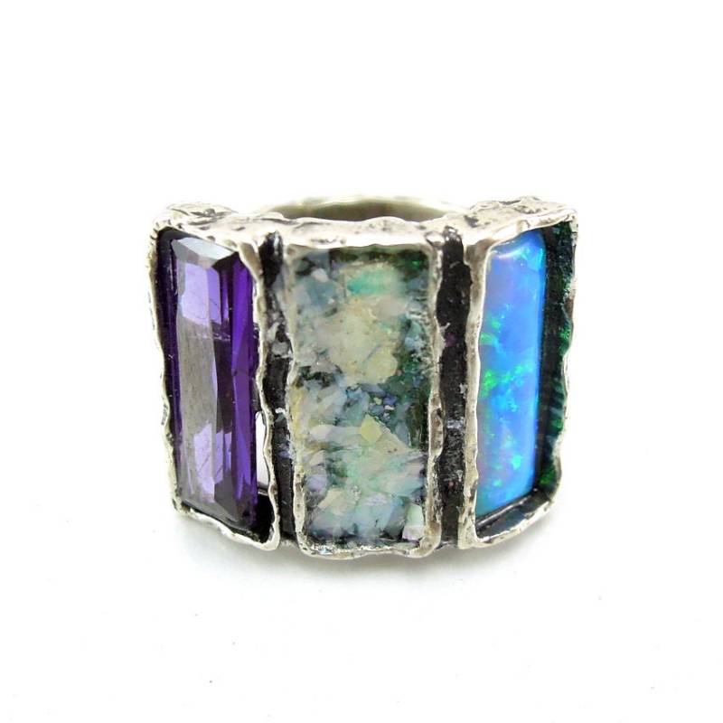 Purpurroter Cz, Opal Und Römer-Glas Silber Ring von Hadas1951