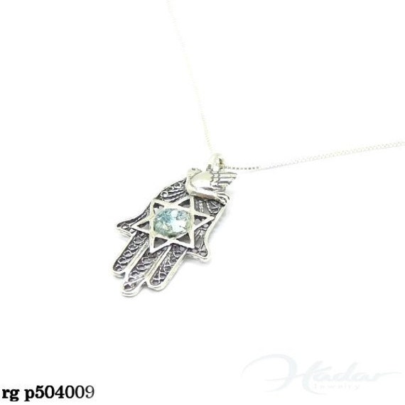 sterling Silber Collier Hamsa Hand Und Vogel Anhänger Mit Römer-Glas von Hadas1951
