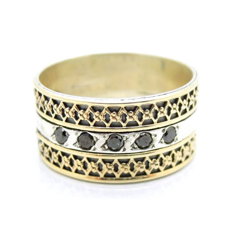 Schwarze Diamant-Ring Mit Filigranen Gold Und Sterlingsilber von HadasGold