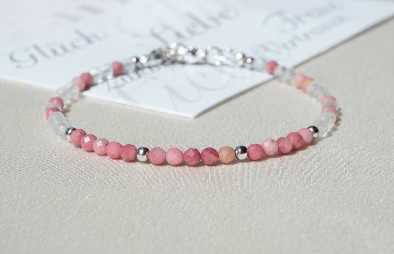 Rhodonit Und Bergkristall Armband-Natürliche Echte Edelsteinkugeln, Rosa Heilkristall, Winzige Einzigartige Armkettchen von HadisDesigns