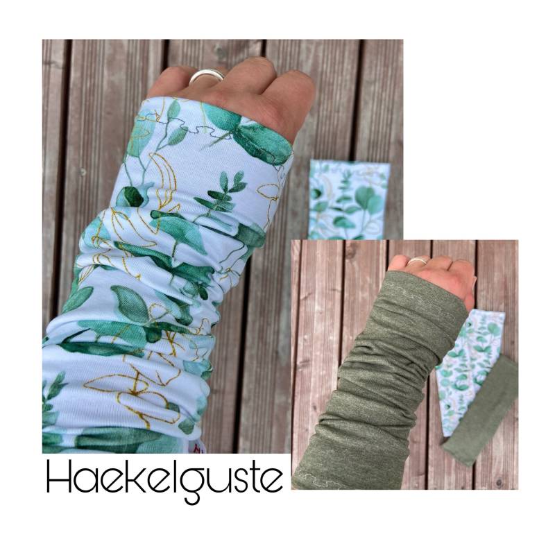 2 Paar Lange " Eukalyptus Armstulpen Damen Weiß Blätter Stulpen Grün Gräser Oliv von Haekelguste