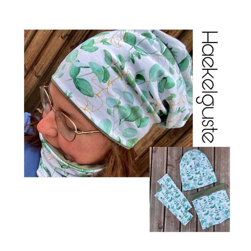 4 Tlg. Eukalyptus Beanie + Loop Stulpen Damen Petrol Blätter Gräser Bio Jersey Blau Grün Gefüttert 2 Lagig Chemo Übergang von Haekelguste