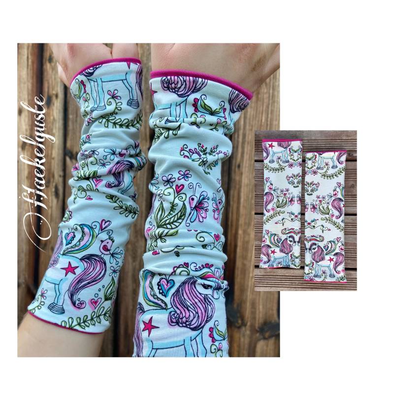 8 - 12 Jahre Pferd Stulpen Set Armstulpen Pink Lindgrün Mädchen Geschenk Pferdemädchen von Haekelguste