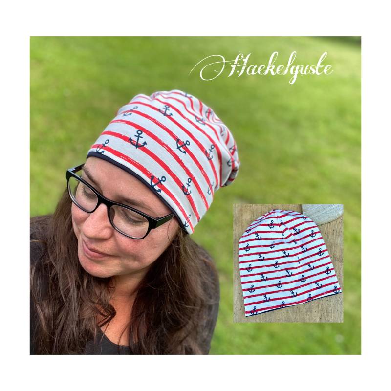 Anker Bio Beanie Wende Mütze Damen Gestreift Rot Weiß Chemo Gefüttert 2 Lagig Übergang von Haekelguste