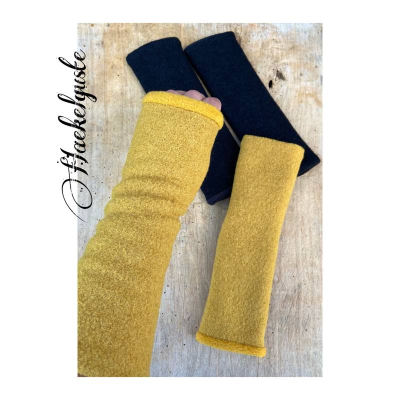 Armstulpen Damen Wollwalk Fleece Schurwolle Wolle Naturwolle Pulswärmer Schwarz Senfgelb Gefüttert von Haekelguste