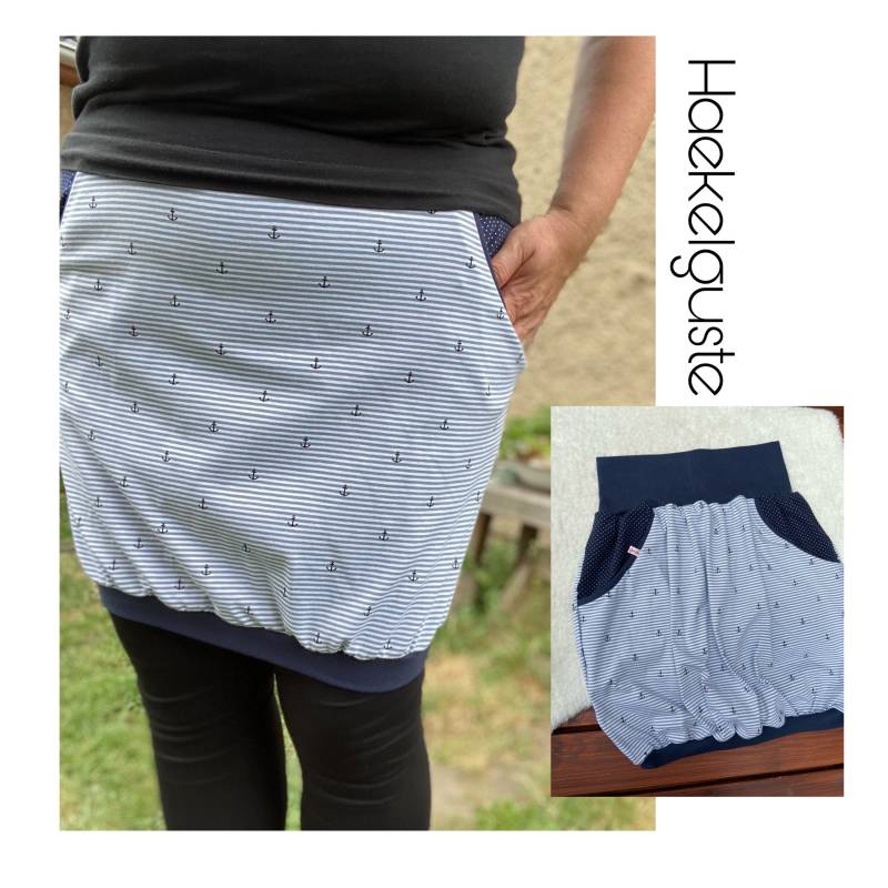 Ballonrock "Anker" Jersey Damen Rock Gestreift Mit Taschen Curvy Haekelguste Dunkelblau Weiß Strand Hüftrock Taillienrock von Haekelguste