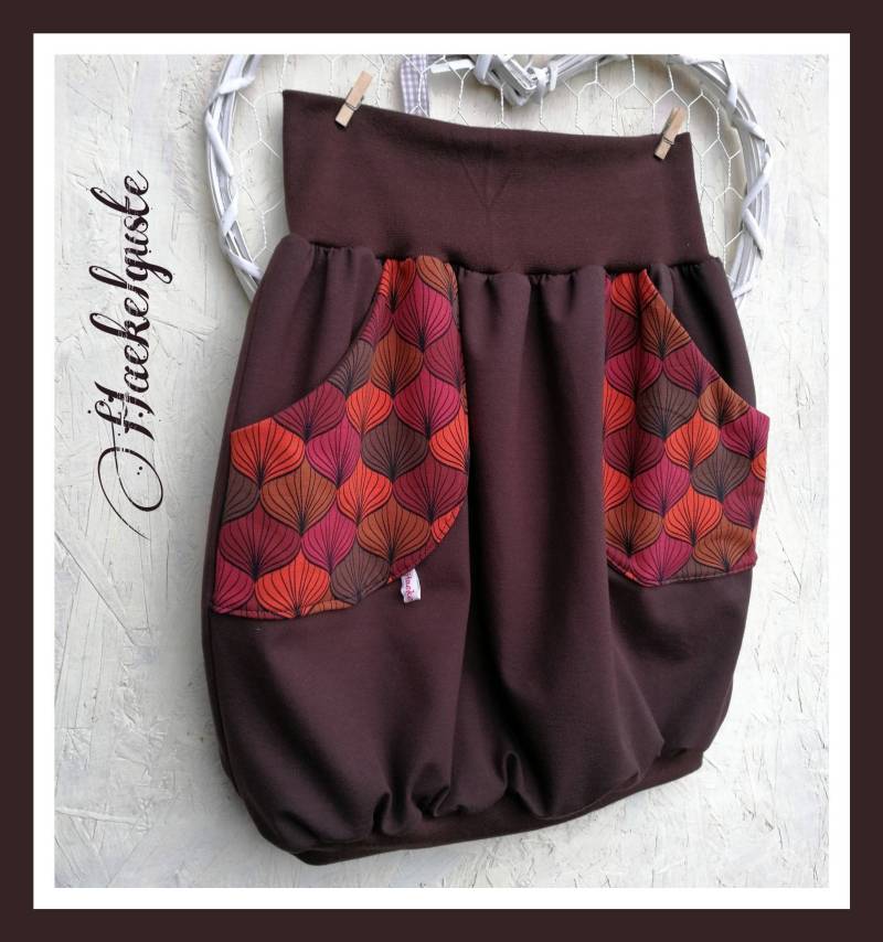 Ballonrock "Retro" Jersey Brauner Rock Mit Taschen Blume Orange Damen von Haekelguste