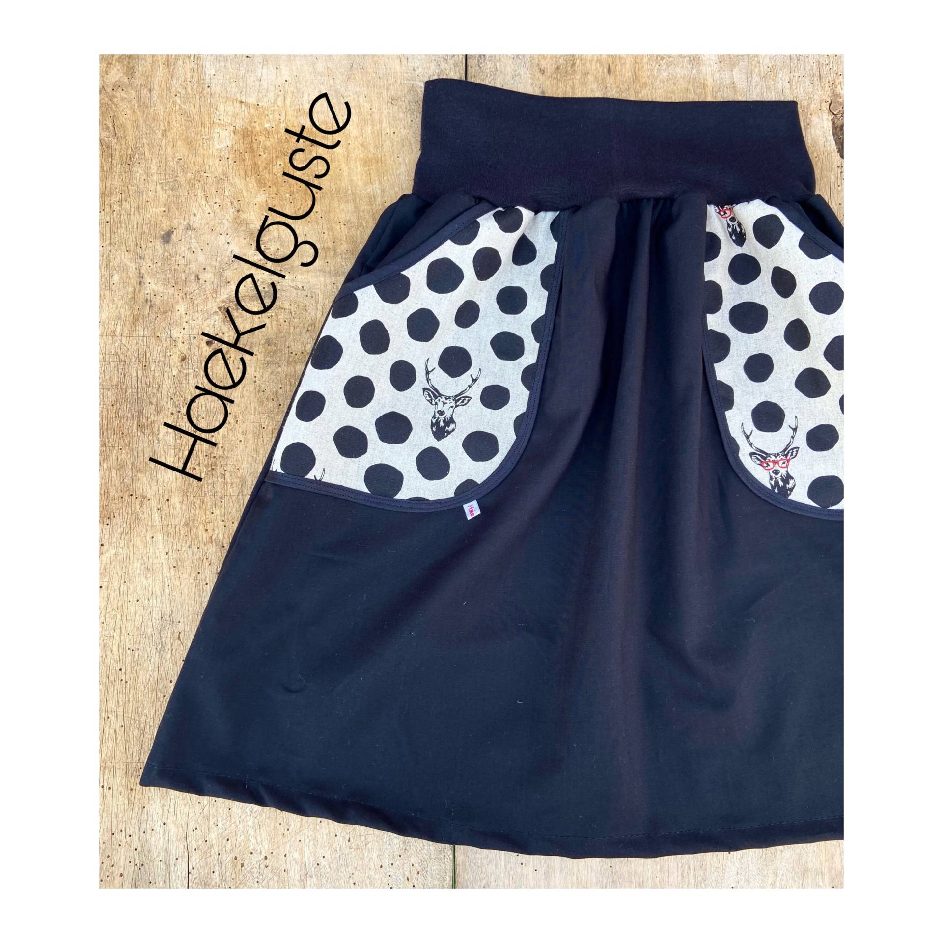 Baumwollrock " Hirschpunkte Schwarz Wunschgröße Rock A-Form Damen Naturfaser Knielanger Hüftrock Taillenrock von Haekelguste