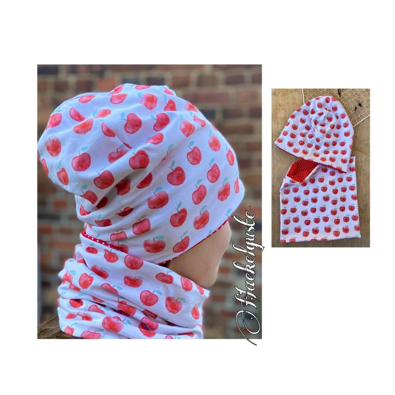 Beanie " Äpfelchen Loop Set Mütze Schal Apfel Rot Weiß Kinder Mädchen Damen Übergang Doppellagig Frühlingsmütze von Haekelguste