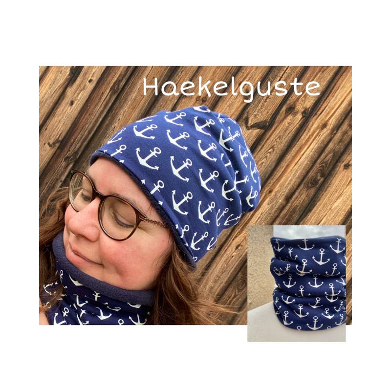 Beanie " Anker Wende Mütze O. Loop Damen Dunkelblau Gefüttert Übergang 2Lagig Meer Teenager Teen Mädchen Longbeanie Meerliebe Ostsee von Haekelguste