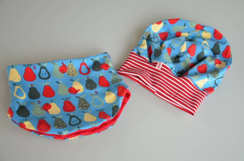 Beanie " Birne Mütze Oder Set Kinder Mit Bündchen Halssocke Schlupfloop Blau Rot von Haekelguste