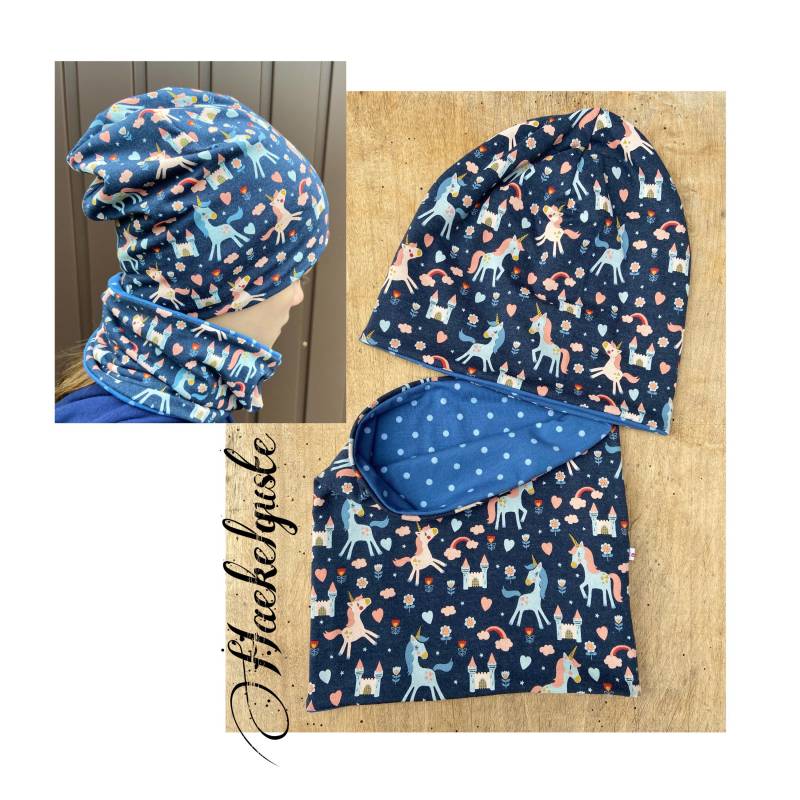 Beanie " Einhorn Mütze Loop Set Mädchen Pferd Dunkelblau Punkte von Haekelguste