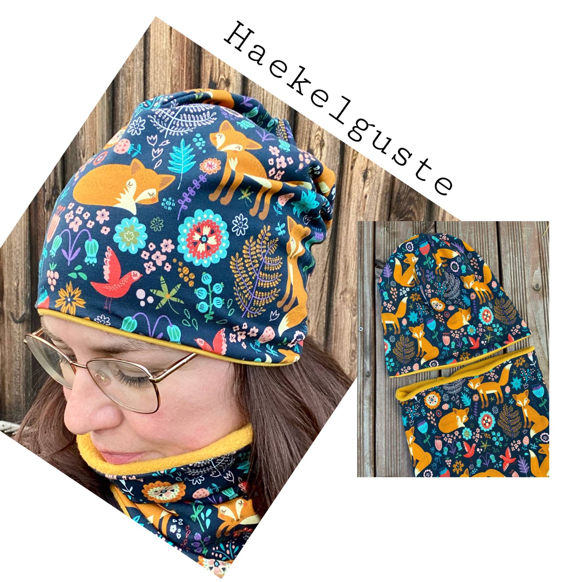 Beanie " Fuchs Mütze O. Loop Damen Longbeanie Senfgelb Dunkelblau Set Herbst Beanie " Fuchs Mütze O. Loop Damen Longbeanie Senfgelb Dunkelblau Set Herbst von Haekelguste