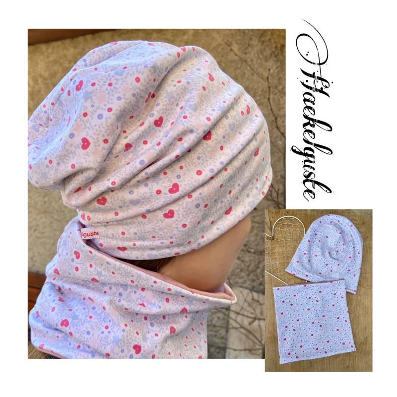 Beanie " Herzl Loop Set Mütze Mädchen Übergang Herz Wendemütze Girl Weiß Blau Rosa Gefüttert von Haekelguste