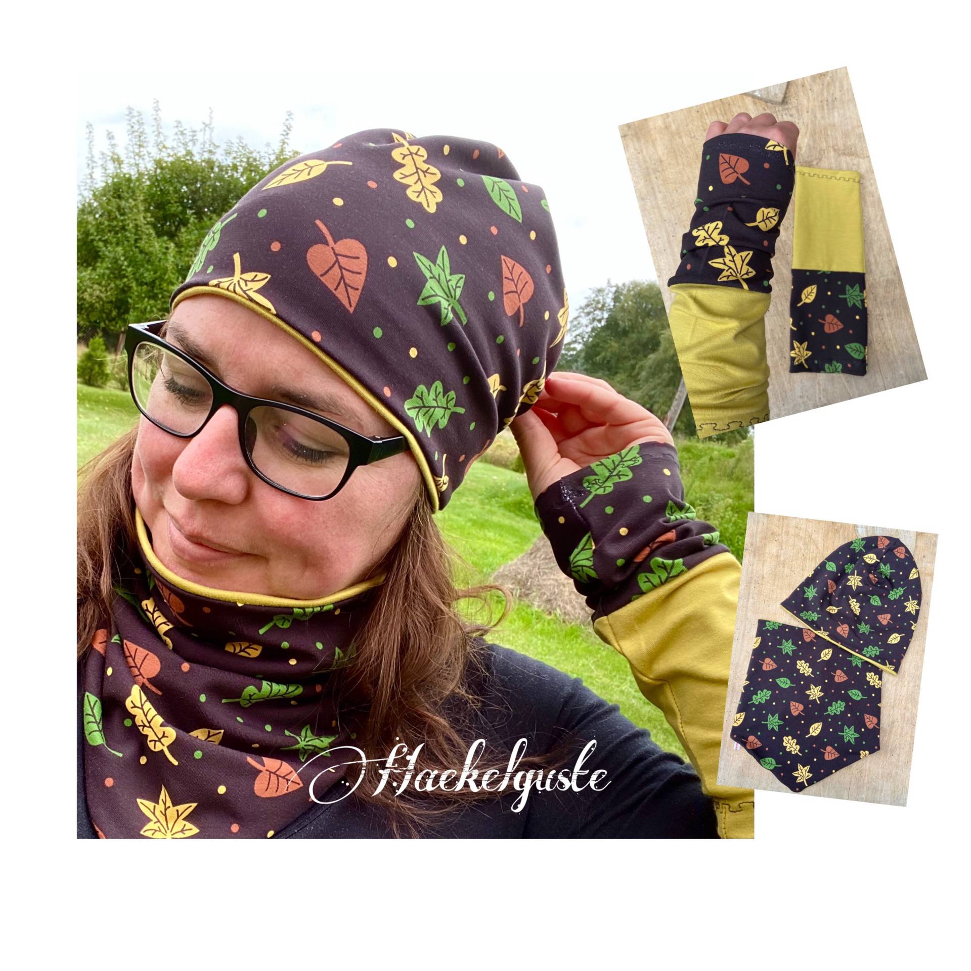 Beanie Loop Stulpen Damen Set Geschenk Mütze Armstulpen Freundin Geburtstag Blätter Braun Senfgelb Herbst Übergang von Haekelguste