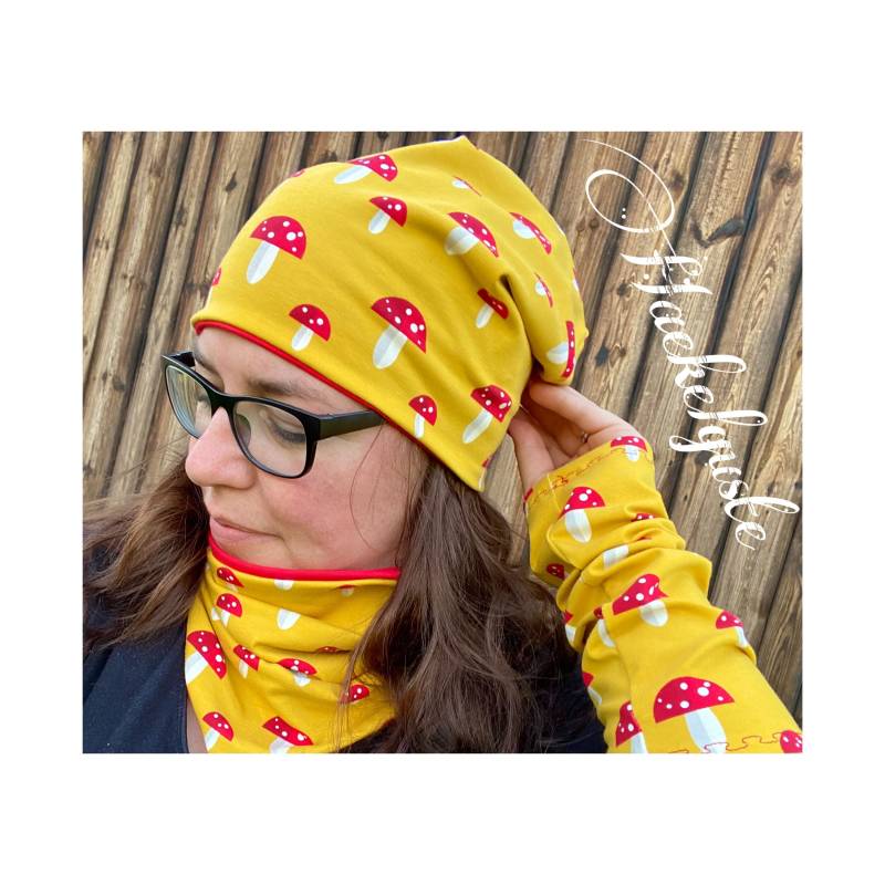 Beanie " Pilz Wende Mütze O. Loop Senfgelb Longbeanie Damen Tuch Gefüttert 2 Lagig Chemo von Haekelguste
