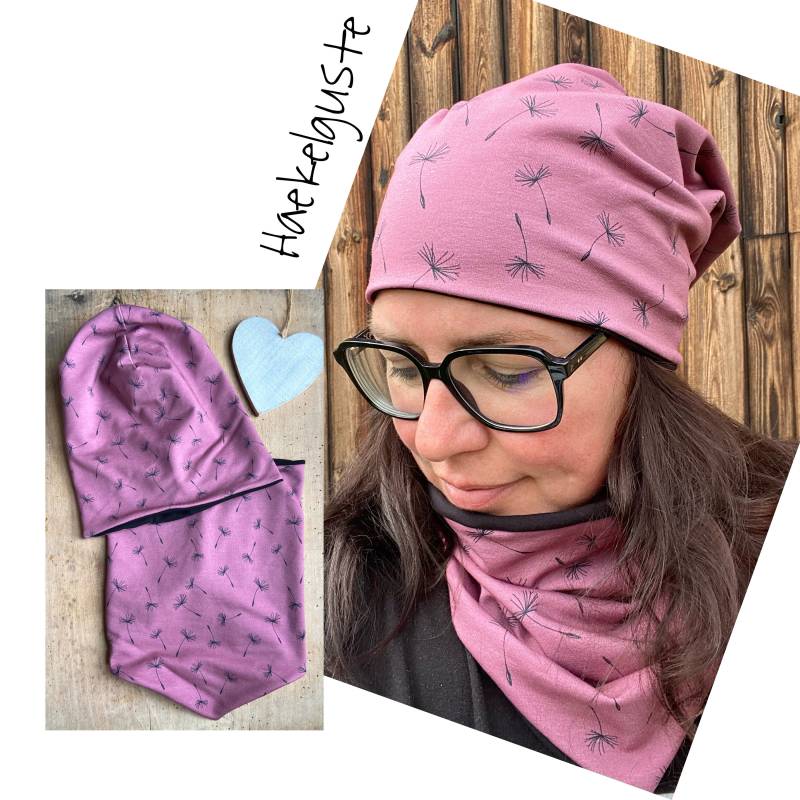 Beanie " Pusteblume Mütze O. Loop Damen Blumen Rosa Altrosa Schwarz Gefüttert Übergang von Haekelguste