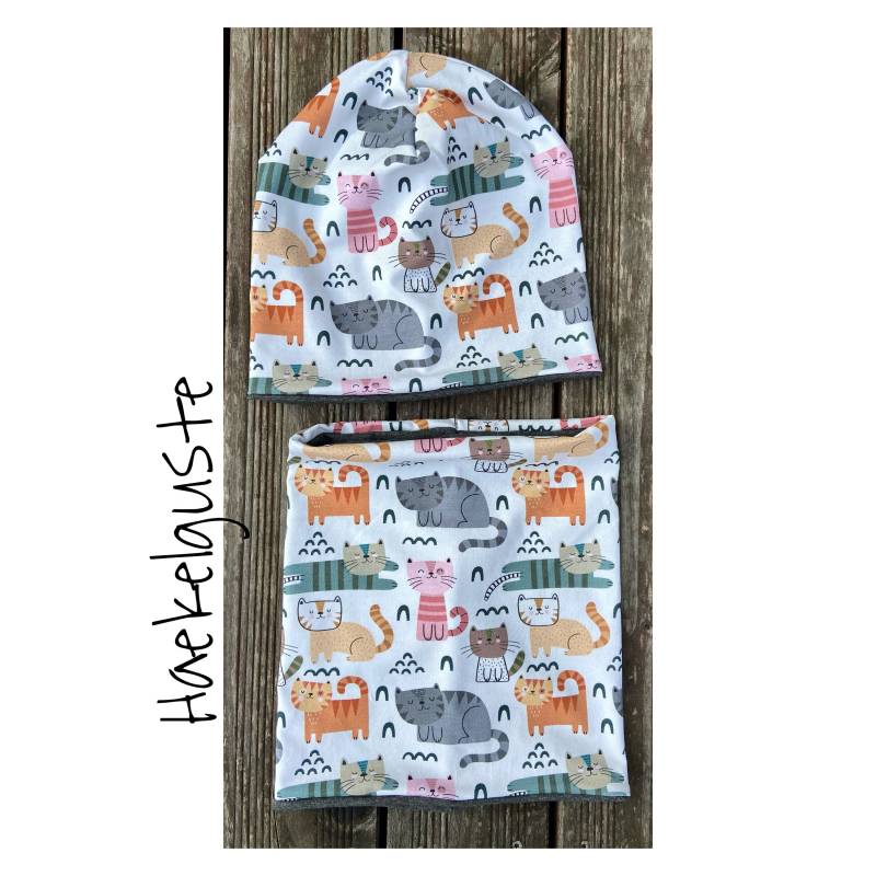 Beanie Set Katzen Mütze Oder Loop Im Mädchen Übergang Grau Rosa Cat Fleece Gefüttert von Haekelguste