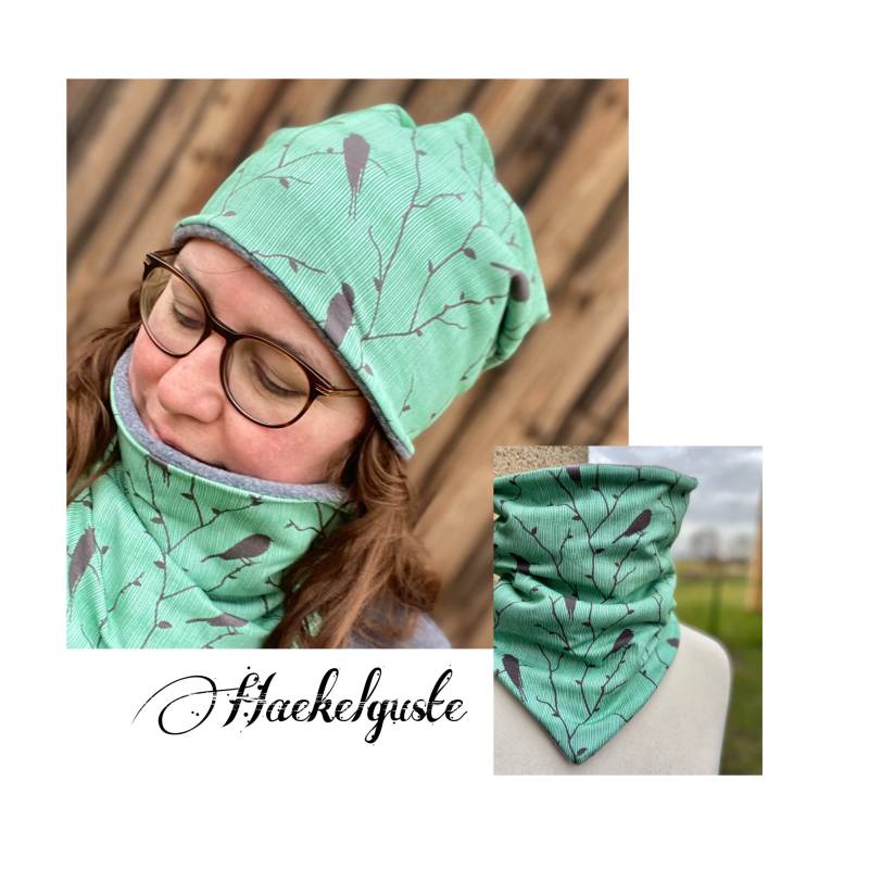 Beanie Wende Mütze O. Loop Mintgrün Grau Grün Vogel Gefüttert Übergang 2Lagig Teenager Teen Mädchen Longbeanie Chemo von Haekelguste