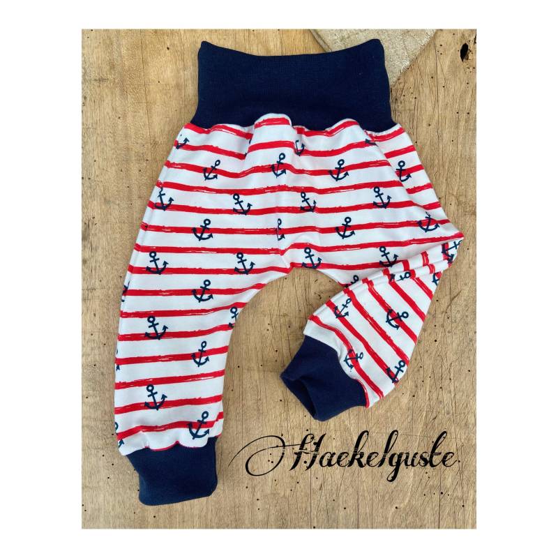 Bio " Anker Jersey Baby - Kinder Pumphose Gestreift Weiß Rot Jogger Unisex Mitwachshose von Haekelguste