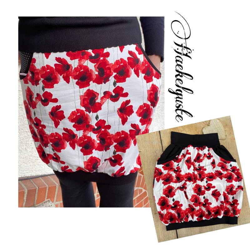 Bio Ballonrock "Mohnblume" Jersey Damen Rock Weiß Rot Blumen Festlicher von Haekelguste