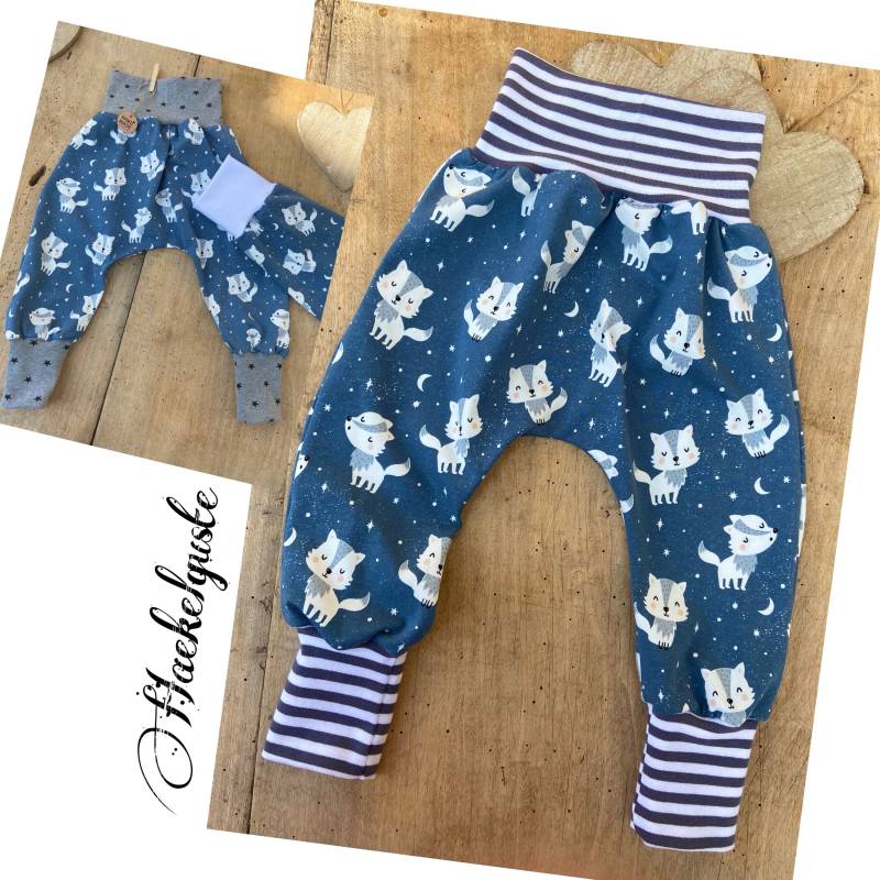 Bio Jersey Baby - Kinder Pumphose Wolf Dunkelblau Unisex Blau Jogger Pants Hose von Haekelguste