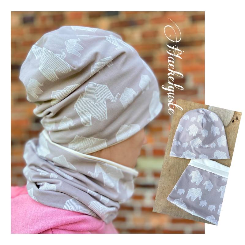 Bio Wende Jersey O. Fleece Beanie Loop Elefant Creme Beige Unisex Übergang Set Doppellagig von Haekelguste