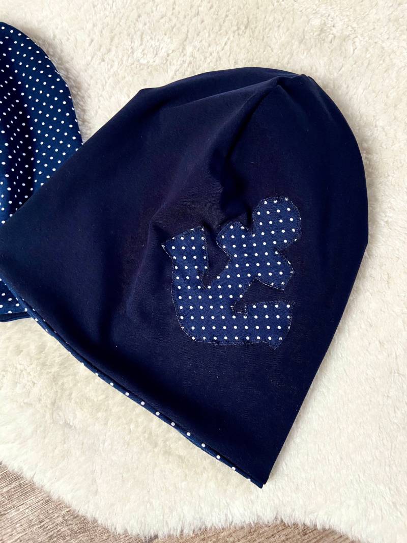 Damen " Anker Beanie Mütze Longbeanie Punkte Dunkelblau 2 Lagig Übergang von Haekelguste