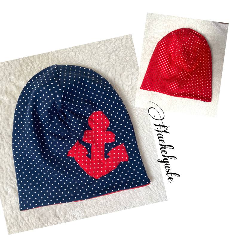 Damen " Anker Beanie Mütze Zum Wenden Dunkelblau Rot Punkte Longbeanie Hängend Damen " Anker Beanie Mütze Zum Wenden Dunkelblau Rot Punkte Longbeanie Hängend von Haekelguste