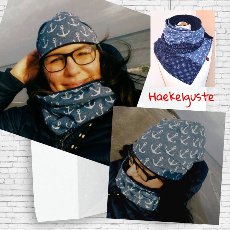 Damen "Anker" Beanie Schlupfloop Tuch Mütze Blau Maritim Meer Ostsee Doppellagig Übergang von Haekelguste