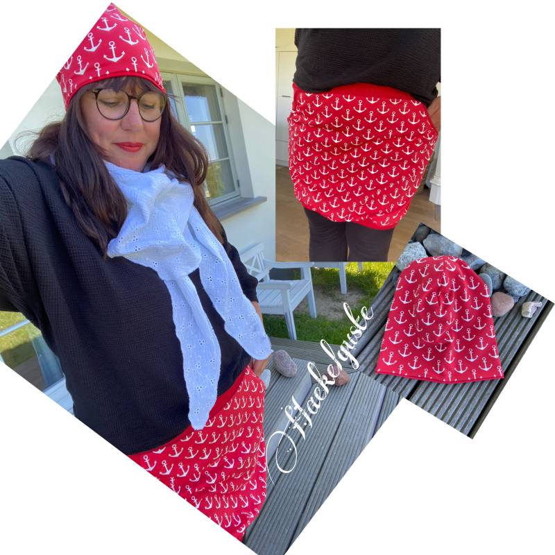 Damen "Anker" Beanie Schlupfloop Tuch Rot Weiß Maritim Mütze Frau von Haekelguste