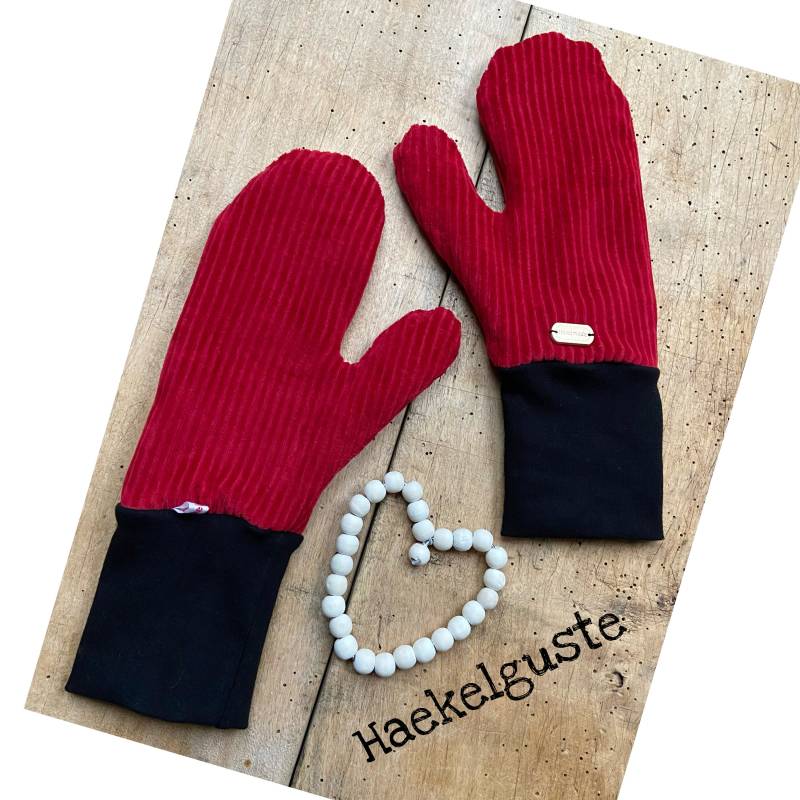 Damen Bio Cordnicky Rot Handschuhe Fleece Fäustlinge Fausthandschuhe von Haekelguste