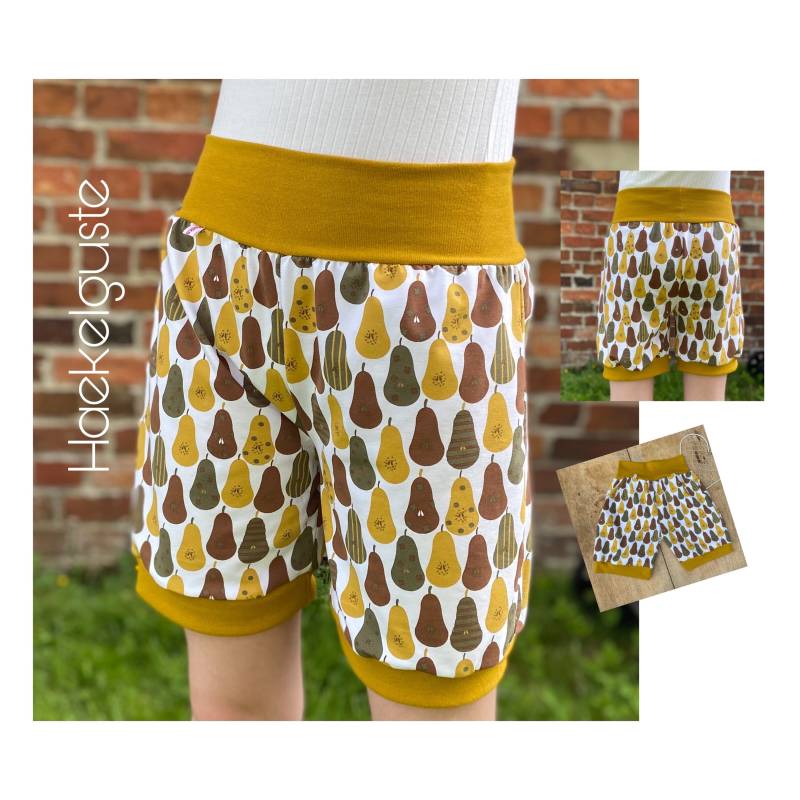 Damen "Birne" Kurze Hose Shorts Jogger Pants Früchte Ocker Senfgelb von Haekelguste