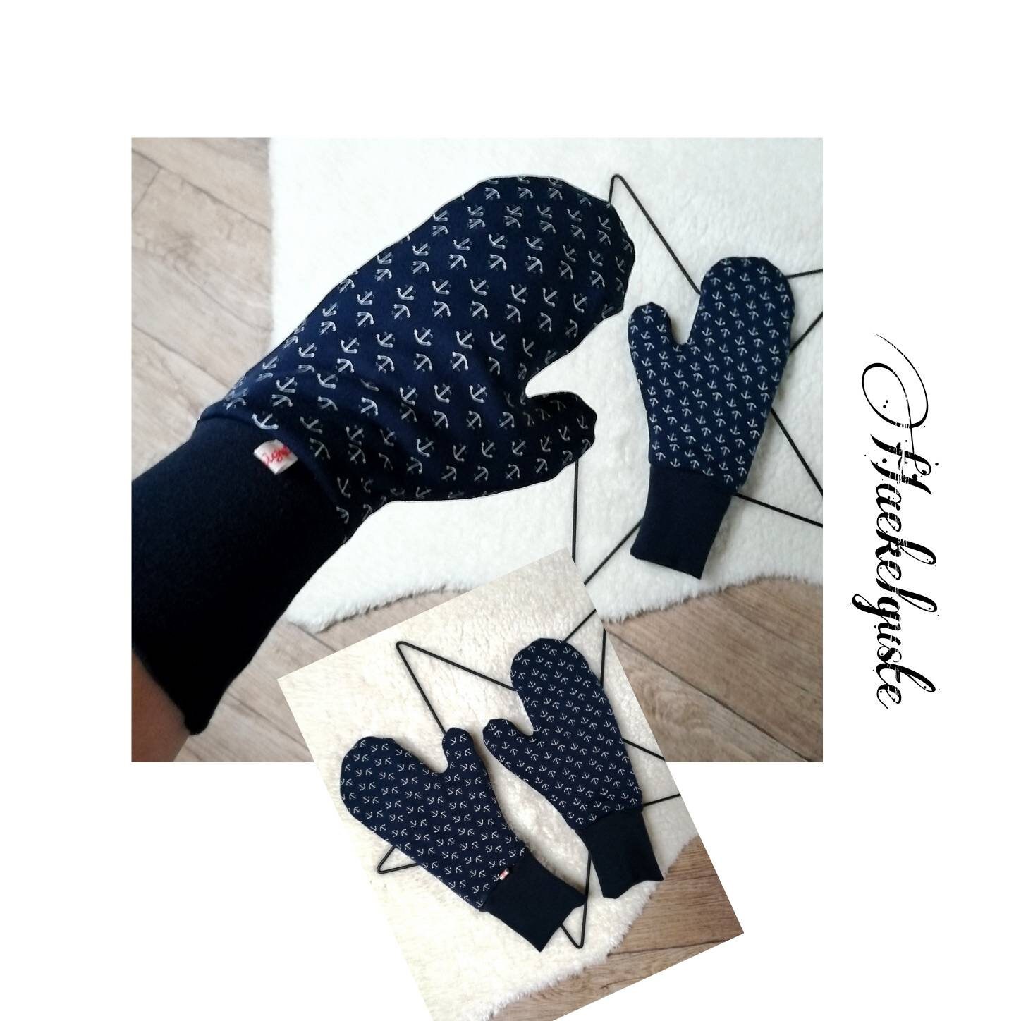 Damen Handschuhe Fleece Fäustlinge Fausthandschuhe Anker Geschenk Gefütterte Freundin Dunkelblaue Fäutslinge von Haekelguste