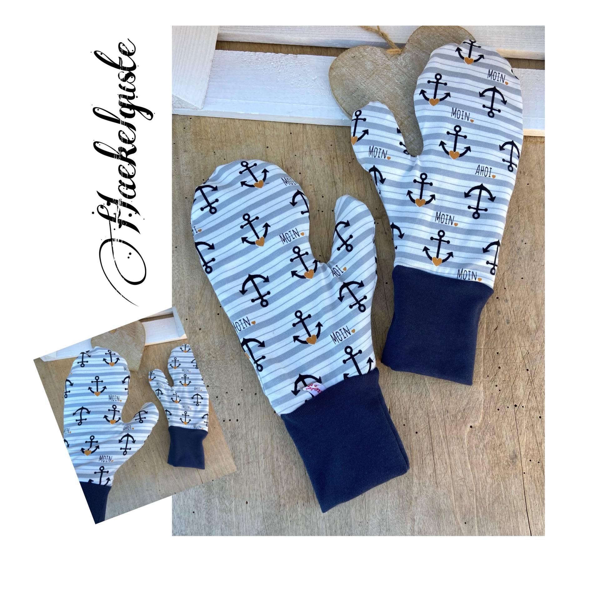 Damen Handschuhe Fleece Fäustlinge Fausthandschuhe Anker Handwärmer Gestreift Weiß Geschenk Freundin von Haekelguste